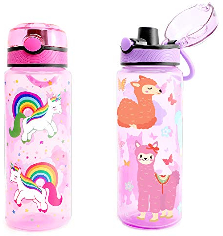 Home Tune Trinkflasche für Kinder - BPA frei, Drucktaste, Chug Deckel, mit auslaufsicherem Deckel, Weitmundig, federleichte, auslaufsichere Wasserflasche - 680ml 2 Pack Einhorn & Llama