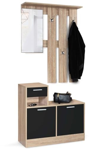 IDMarket - Armario para la entrada con espejo Paulin Design Haya puertas negras