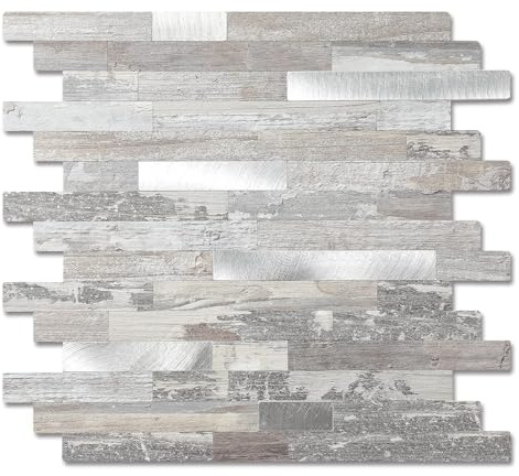 Yipscazo Lot de 10 feuilles de carrelage en bois et métal à coller pour dosseret de cuisine, salle de bain, buanderie, camping-car, cheminée (30,5 x 30,5 cm, rustique clair)