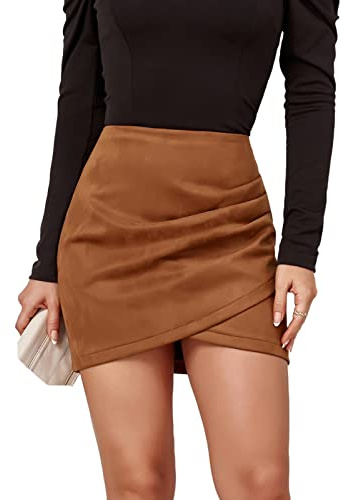 Mingnos Womens High Wasited Zipper Closure Ruched Cross Irregular Faux Suede Mini Skirt Khaki, S