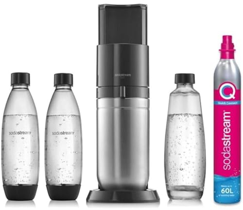 sodastream Duo Sparkling Water Maker + 60 Litre Spare Gas Cylinder for Sparkling Water Maker, CO2 Cylinder for Making Fizzy Carbonated Water at Home, (Quick Connect, Pink Gas)
