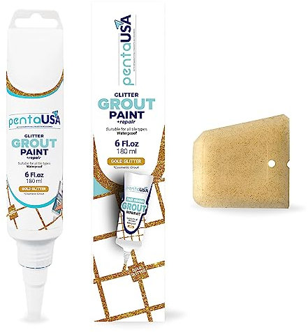 PentaUSA Glitter per Fughe - Ripara e Rinnova Fughe Esistenti, Malta Decorativa Premiscelata per Piastrelle, Asciugatura Rapida, Kit con Spatola (Oro Glitter / 250gr)