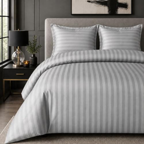 Casabella Satin Stripe Duvet Cover Sets, Luxurious Double Silver Bedding with Satin Stripes,Double Duvet Cover Set,Hotel Quality Double Duvet Set & Pillowcases, Silver Duvet Cover