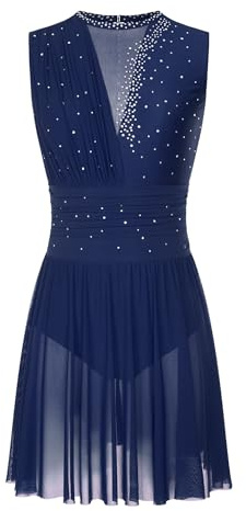Oyolan Vestito da donna Pattinaggio Artistico Body Ginnastica Danza Strass senza maniche Vestito Danza Contemporanea S-XXL, A blu marino., M