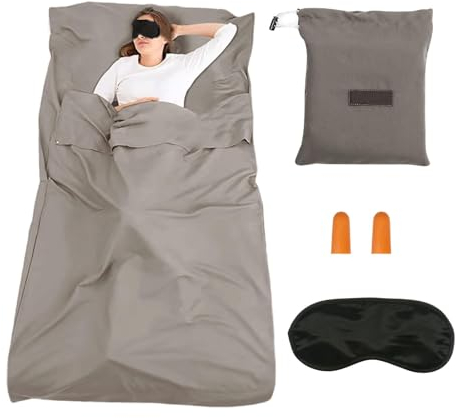 ZHYUAN Hüttenschlafsack,Ultra-Leichter Reise-Schlafsack,Ultraleicht Schlafsack Inlett,Mit Augenmaske und Ohrstöpseln,Dünner Komfort Reiseschlafsack,für Sommer,Rucksackreise,Hotels ud Hütte (Grau)