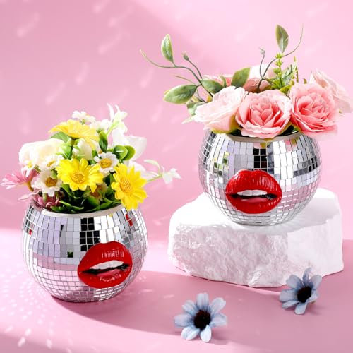 FoldTier Discokugel-Pflanzgefäß, Glasvase mit roter Lippe, Discokugel-Vase, Pflanzgefäß, Kerzenhalter, Glasvase, Großpackung für Hochzeit, Tafelaufsätze, Schlafzimmer, Küche, Büro, Dekoration,