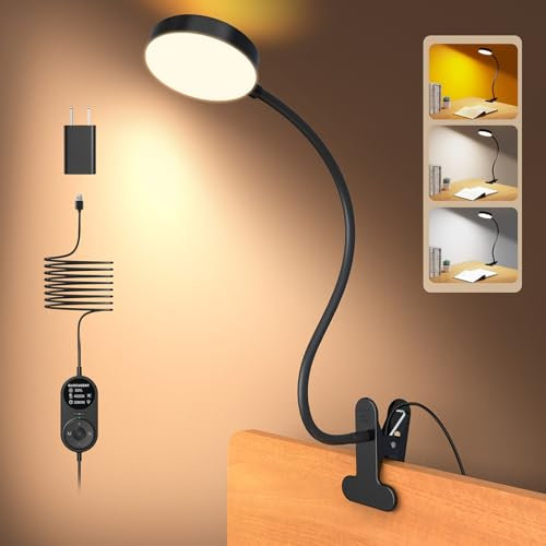 Glocusent Clip On Light, 72 LED Desk Lamp with 3 Colors & 5 Brightness, Flexible Clip on Lamp with Amber Night Light, 30/60Min Timer, Eye Caring, for Bed/Reading/Studying/Working (Black with Adapter)