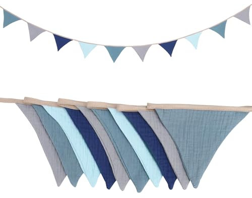 Xialvyu Wimpelkette Kinderzimmer Baumwolle, Musselin Baumwolle Stoff Wimpelkette, Musselinstoff Girlande für Hausbett Deko,Party Wanddeko Geschenk(Blau Grau)