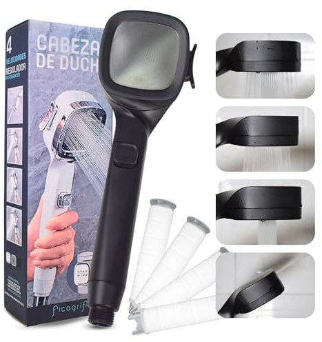 Alcachofa de ducha con filtro antical Negro | Cabezal de ducha alta presión l con 4 modos y ahorro de agua | Incluye 4 filtros y un cabezal de ducha Negro.