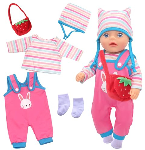5 Stück Puppenkleidung für 12-14 Zoll Babypuppen, Süße Baby Puppen Kleidung mit Bunny Overall Gestreiftes Oberteil Mütze Socken Kleiderbügel, Neue Baby Puppen 30-35 cm Kleidung und Zubehör
