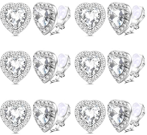 FIOROYAL Boucles d’Oreilles Clip pour Femme – Coeur Cristal Non-Percé avec Pierres Acryliques – Bijoux Clip Hypoallergéniques pour Danse Scène Opéra Mariage Soirée 6S