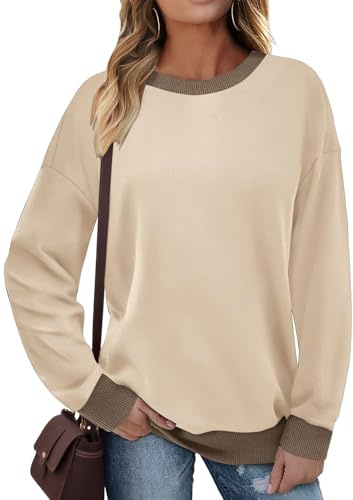 Cuptacc Sweat Femme Automne Hiver Manche Longue Color Block Tunique Col Rond Casual Ample Élégants sans Capuche Tee Shirt Femme Beige XL
