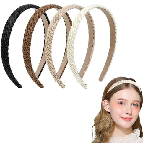 ASOMI 4 fasce per capelli da donna sottili a maglia alla moda antiscivolo per capelli da donna, graziosi accessori per capelli tinta unita (nero, cachi, caffè, crema)