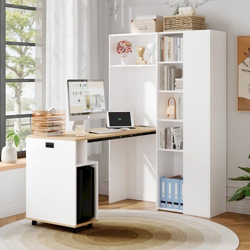 A ALFRESCOOL Escritorio plegable, escritorio de esquina, escritorio abatible con estantes 2-en-1, con enchufe/USB, altura ajustable, protección antivuelco, 104.5×30.5×160cm (Blanco+Roble)