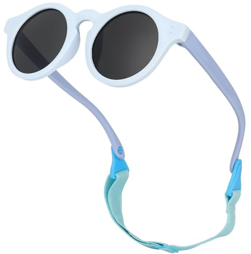 LOJUDI Polarised Baby Sunglasses 0-36 Months - with Adjustable Strap Round Silicone Frame for Newborn Infant Toddler UV Protection Sun Glasses Age 0-3 Years Girl Boy -Blue/Black