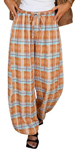 Tankaneo Womens Checkered Pants Baggy Balloon Plaid Harem Pants Casual Drawstring Wide Leg Trousers with Pockets Orange
