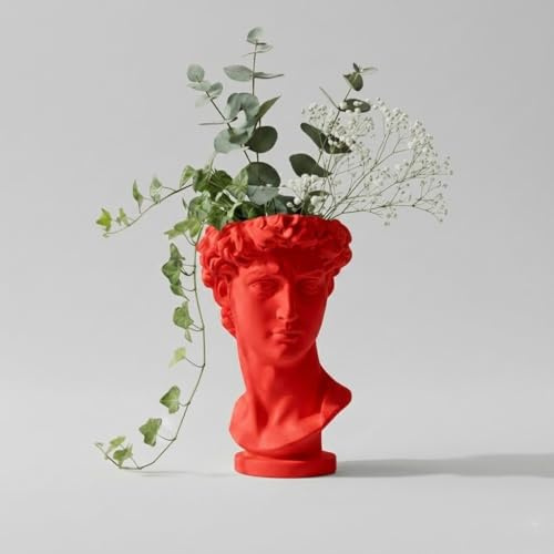 Vaso Busto David di Michelangel, Scultura Decorativa in PLA Bianco, Stile Classico Rinascimentale, Organizer per Pennelli Trucco e Penne, Made in Italy (Rosso)