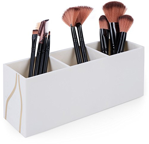 Vencer Support de rangement pour pinceaux de maquillage 3 compartiments en acrylique,Beige,VMO-031
