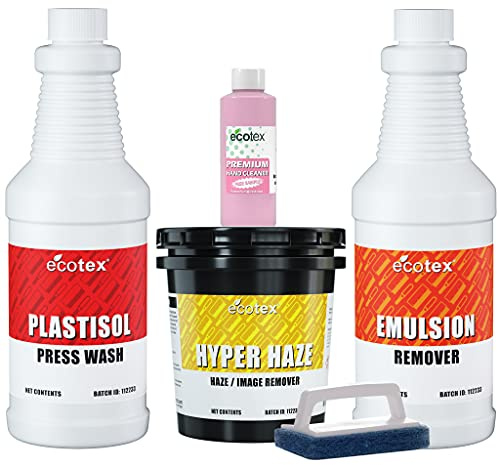 Ecotex® Screen Printing Cleaning Kit - Emulsion Remover - Press Wash Plastisol Ink Cleaner, Hyper Haze Remover and Degreaser, Premium Hand Cleaner and Scrub Pad - Screen Printing Supplies