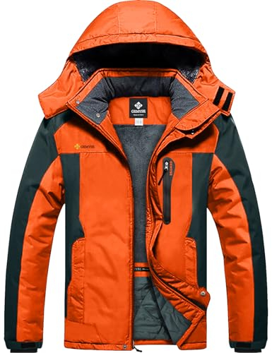 GEMYSE Herren Wasserdichte Berg-Skijacke Winddichte Fleece Outdoor-Winterjacke mit Kapuze (Orange Grau 08,L)