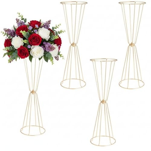 Set of 4 Geometric Gold Vases for Centerpieces - 23.6 Tall Flower Stands for Wedding, Metal Floral Trumpet Vases for Table Centerpiece Anniversary Party Birthday Events Christmas Home Decor