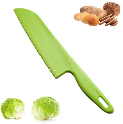 jawbush Professional Lettuce Knife, 11 Serrated Salad Cutter for Veggies, Fruit, Bread, Cake, Salad, Plastic Kitchen Nylon Knife for Cooking and Cutting to Prevent Turning Brown, Green