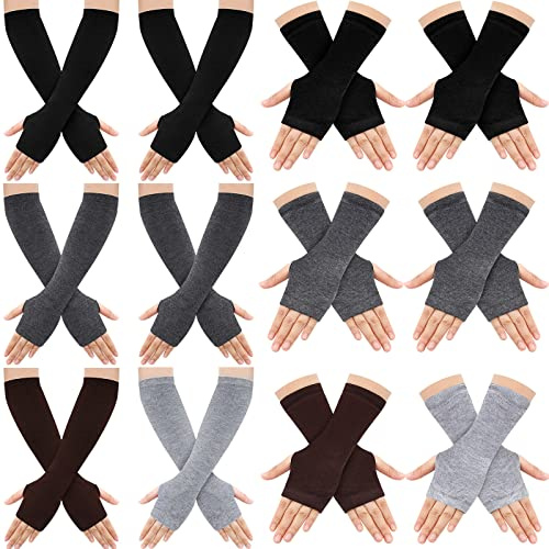 Remerry 12 Pairs Wrist Fingerless Gloves and Long Arm Warmer Set for Women Warm Stretchy Goth Winter Gloves with Thumb Hole (Solid Style)