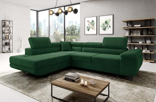 MODERNO Corner Sofa with Sleep Function Made of Corduroy - Big Sofa ASTORP - Couch L Shape - Sofa Bed with Bed Box and Headrests - 277 x 203 x 100 cm - Left - Green - Poso 14