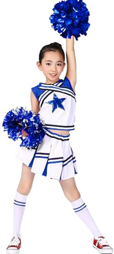 LOLANTA Mädchen Karneval Kostüm, Cheerleader kleid mit Pompoms und Socken, Mittelschule Cheerleading Uniform, Blau, 6-7 Jahre, 130