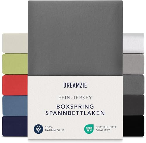 Dreamzie Premium Spannbettlaken 90x200 cm - 100x200 cm - 37cm Seitenhöhe - auch für Boxspringbett & Wasserbett - Bettlaken Boxspringbett 100% Jersey Baumwolle, 150 g/m² - Oeko-TEX - Anthrazit