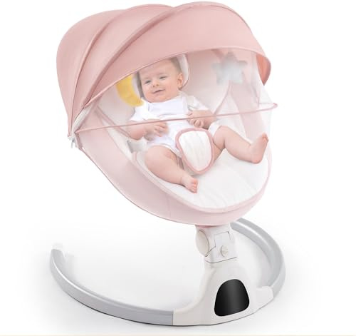 Soobaby Baby Swing for Infants,Electric Swing for Babies,Portable Swing for Baby Boy Girl,Remote Control Indoor Baby Rocker with 5 Sway Speeds,Music and Bluetooth,Dark Pink