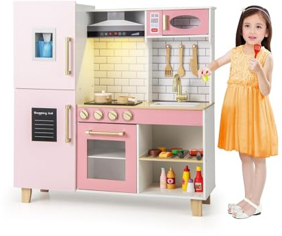 COSTWAY Cucina Giocattolo con Cappa e Fornelli a Suoni e Luci, Cucina per Bambini in Legno con Fabbricatore di Ghiaccio, Microonde, Griglia BBQ e Lavagna, per Bambini 3+ Anni (Rosa)