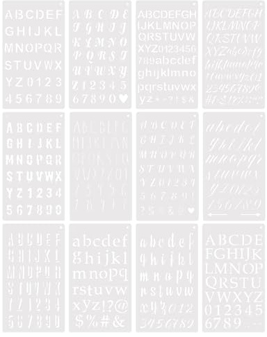 12pcs Letter Stencils, Alphabet Number Patterns Common Symbols Graphics Artistic Drafting Drawing Templates for Painting Scrapbook