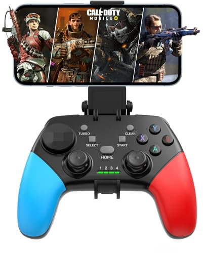 Megadream Wireless Mobile Gaming Controller Gamepad for iPhone/Android/iPad/PC/Switch/PS4/PC Joystick with Phone Holder, Supported Cloud Game, Streaming on PS5/Xbox, Turbo, COD (Blau+Rot)