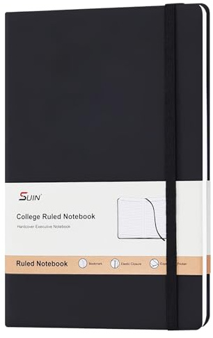 SUIN Carnet de notes A5 à couverture rigide avec 200 pages, couverture en similicuir doux au toucher avec fermeture élastique, ruban et poche, pour le travail, l'école et le bureau (noir)