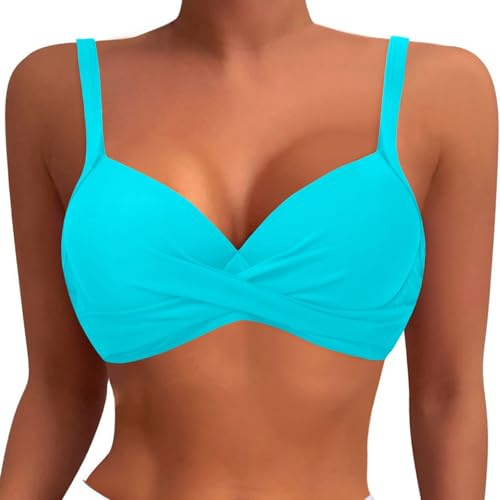 Bikini Tops for Women UK Crisscross Swim Bra Padded Underwired Swimsuit Push Up Bikini Top Ruched Twist Padded Swimwear Top Bathing Suit for Beach Holiday 2025 Blue