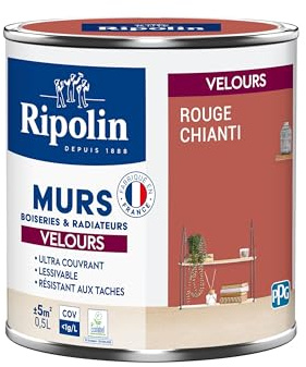 RIPOLIN - Peinture Intérieure Multi-Supports – Murs, Boiseries & Radiateurs – Ultra couvrante - Monocouche - Confort d'application - Aspect Velours - Rouge Chianti - 0,5L