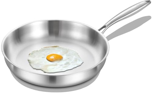 Nontoxicook Tri-Ply Stainless Steel Pan 22cm, Steel Small Skillet 8inch Omelette Egg Pan Compatible with All Cooktops Up to 315℃, Induction Cooking Pan