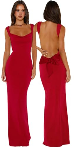 JYIXXZX Women's Summer Maxi Dress Sexy Backless Sleeveless Long Dresses Elegant Bowknot Cowl Neck Bodycon Party Dress Club Cocktail Prom Evening Dresses Red