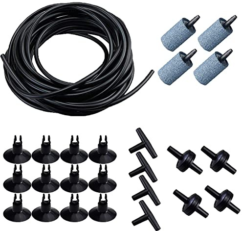 AQUANEAT 25 Feet Aquarium Airline Tubing, Standard 3/16 Tubing, Air Pump Accessories,with Air Stones, Check Valves, Suction Cups and Connectors (Black)
