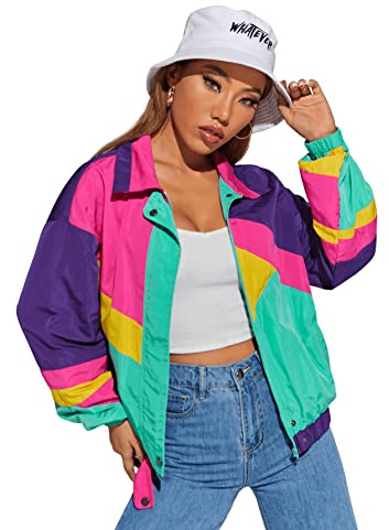 SweatyRocks Women's Windbreaker Casual Lightweight Color Block Retro Bomber Jacket Purple Green Small