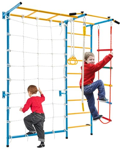 DREAMADE Échelle d'escalade Enfant 7 en 1, Espalier Suédois avec Mur de Corde, Échelle Barres de Singe, Barre de Traction et Anneaux pour Enfant Capacité de Charge 100KG
