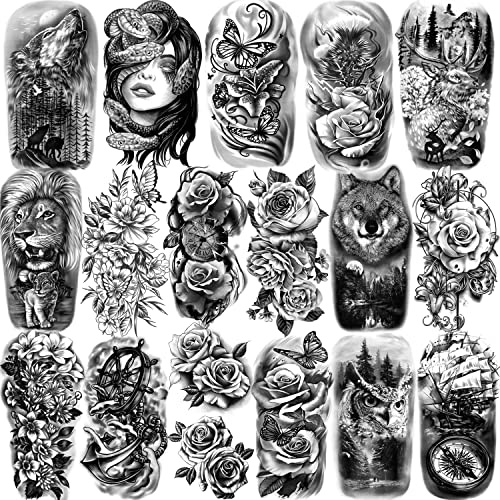 77 Sheets Temporary Tattoos for Men, 17 Sheets Half Arm Snake Eagle Wolf Flowers Fake Tattoos Long Lasting for Adults Women, 60 Sheets Black Tiny Tattoos Sticker for Kids Boy Girl