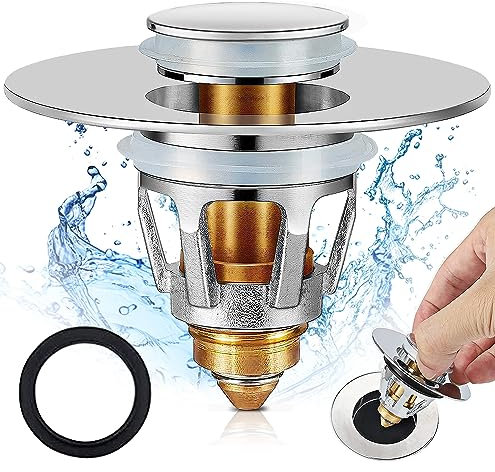 Bathroom Sink Plugs Stainless Steel Basin Plug Pop Up Plugs for Wash Basin, Push-Type Sink Plug Replacement Bath Drainer Filter Plug with Bounce Core for 28-38mm US Standard Drain Hole