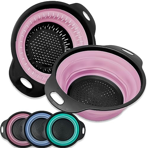 2er Set Siikon Küchensieb faltbar Sieb Seiher Nudelsieb platzsparend für die Küche oder Camping (Rosa)