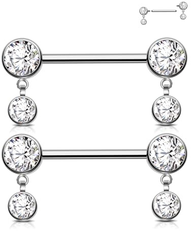 Jewseen Piercing per capezzolo, in titanio, con filettatura interna, per capezzolo, barretta dritta, 14 g, per capezzoli, Titanio Zirconia cubica