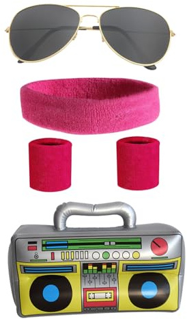 BORFUE Set di 5 costumi da pilota, occhiali da pilota, fascia e polsini, gonfiabili, per uomini, coppie, addio al celibato, discoteca, anni '80, travestimento hip hop