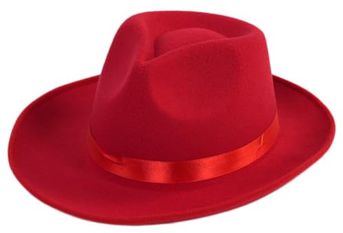 Schwarzer Fedora-Hut mit breiter Krempe und Satinband, Panamahut, Rancher-Hut für Damen und Herren, rot, Einheitsgröße