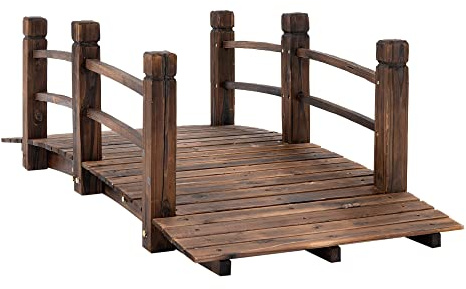 Fir Wood Garden Bridge, 5ft Arc Walkway with Side Railings, Stained Wooden Footbridge for Backyards, Gardens, Streams, 60 x 26.5 x 19