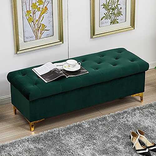 Sammet förvaringsottoman bänk stoppad förvaringsstol modern multifunktionsbänk grön 80 x 45 x 40 cm.